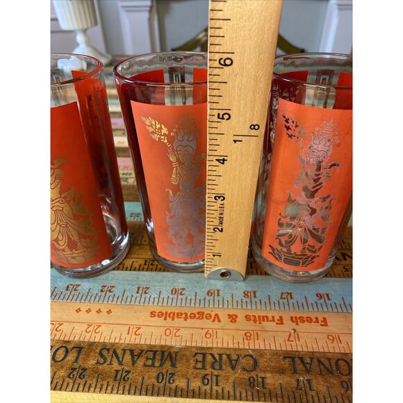 Thai Goddess Glass Mid Century Modern Retro Bar Set of 5 Asian MCM Red Some Wear - Picture 7 of 12